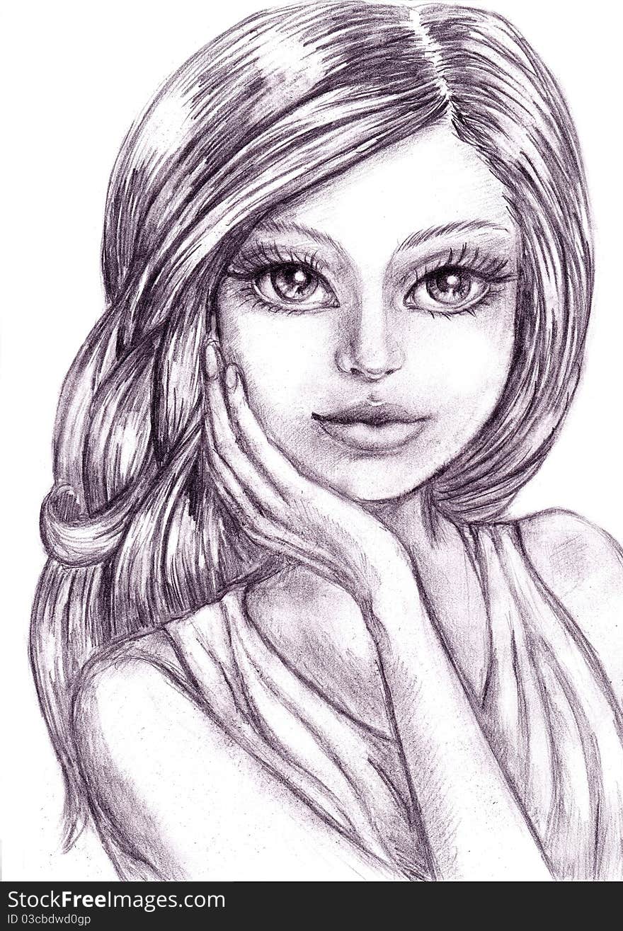 Pencil drawing beautiful young woman. Pencil drawing beautiful young woman