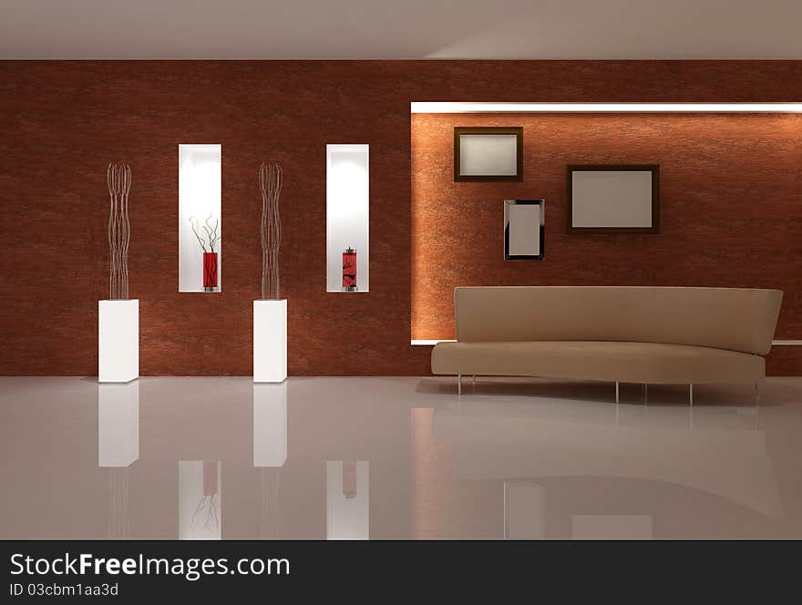 Beige Sofa in Living Room 3D Rendering