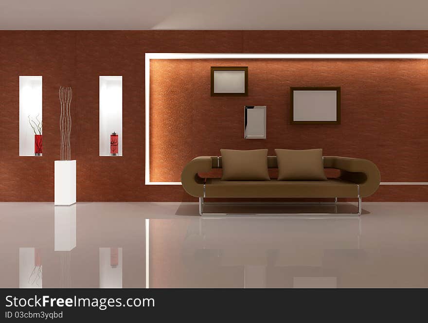 Brown Sofa in Living Room 3D Rendering