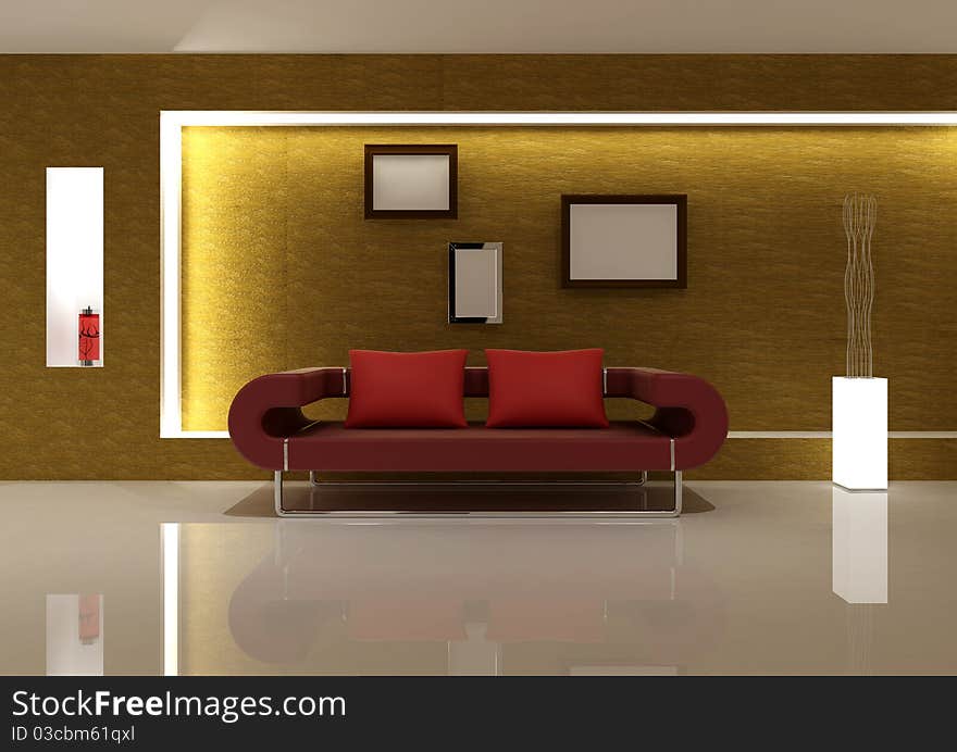 Red Sofa in Living Room 3D Rendering