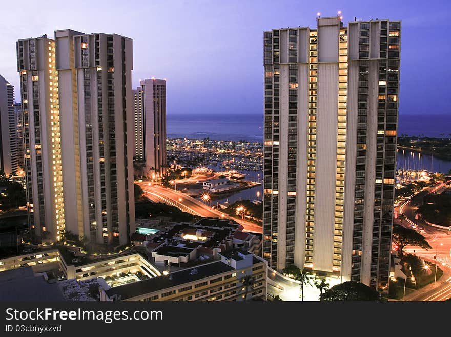 Hotel Towers At Dusk, Ala Moana, Hawaii.