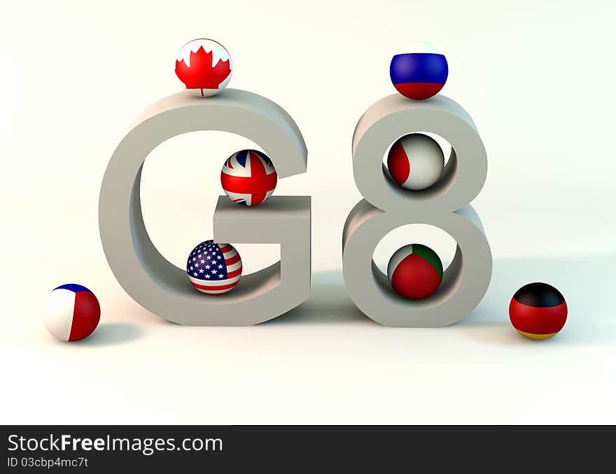 Balls with flags of the Group of Eight on white background. Balls with flags of the Group of Eight on white background