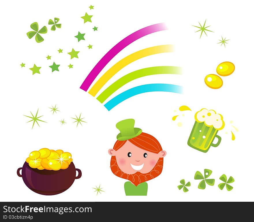 Icons set of St. Patrick's Day design elements - cauldron with coins, four leaf clovers, green beer, rainbow and Leprechaun. Icons set of St. Patrick's Day design elements - cauldron with coins, four leaf clovers, green beer, rainbow and Leprechaun.