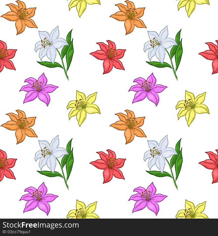 Vector floral seamless background, various flowers lily on the white. Vector floral seamless background, various flowers lily on the white