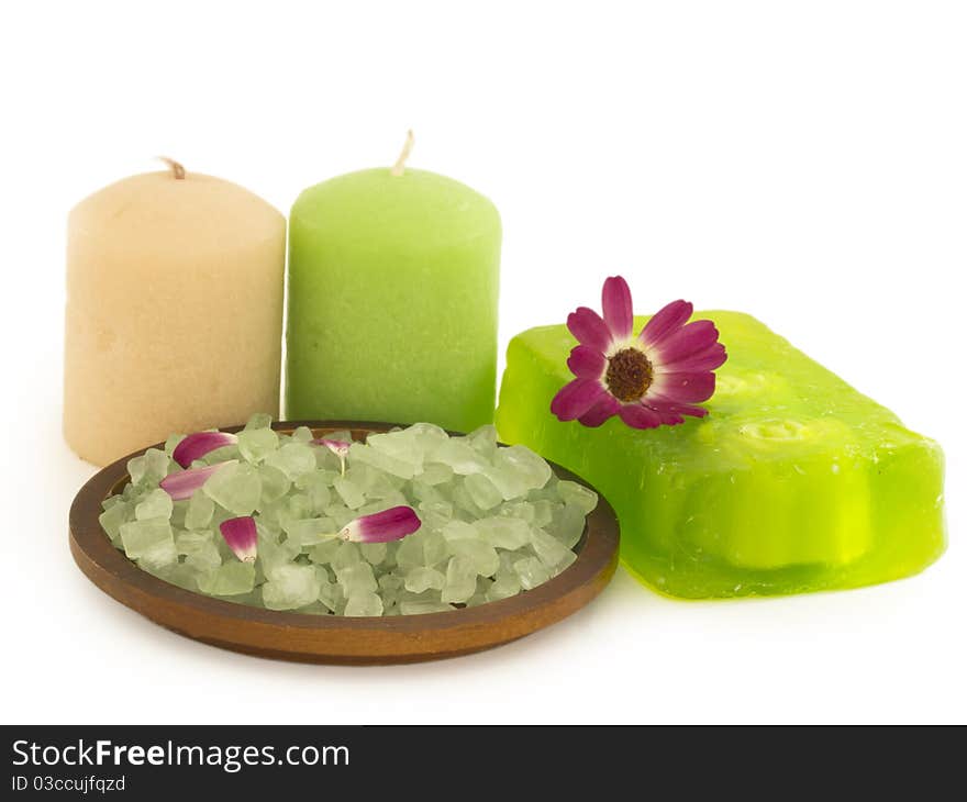 Candles, soap, bathing salt and flower. Candles, soap, bathing salt and flower