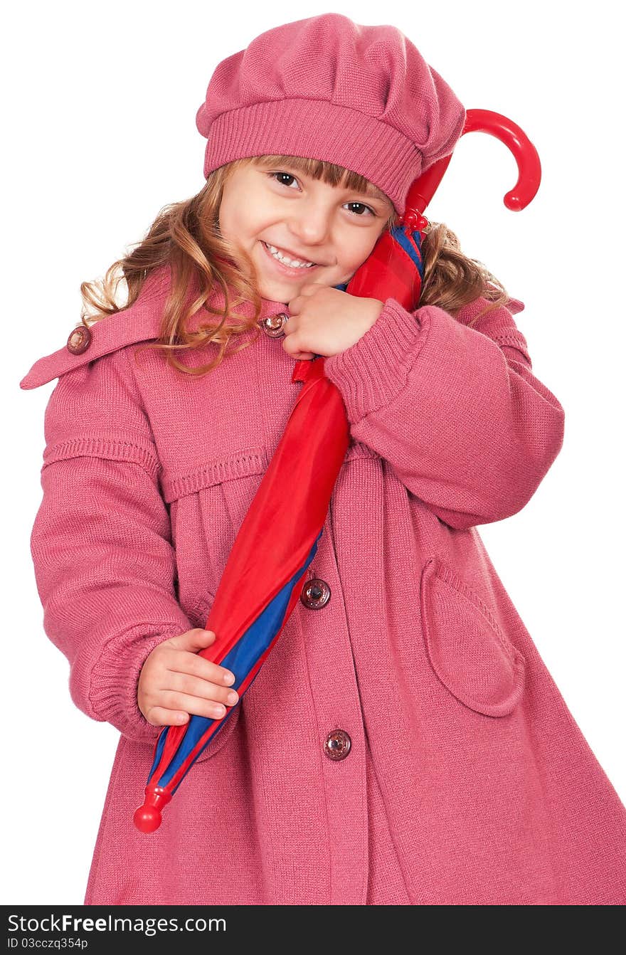 Portrait of a pretty little girl with umbrella. Isolated on white background.