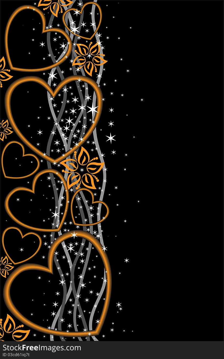 Abstract black background with gold hearts and flowers. Abstract black background with gold hearts and flowers