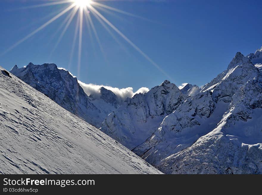 It is mountain-skiing descent. A black line. Height about 3000 meters. It is mountain-skiing descent. A black line. Height about 3000 meters