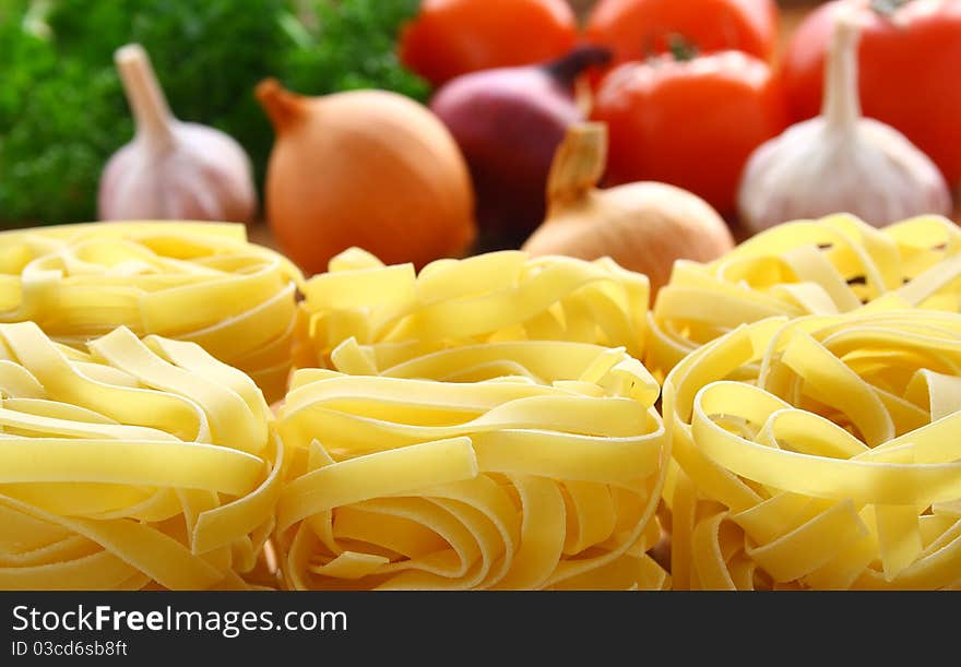 Pasta and fresh vegetables.