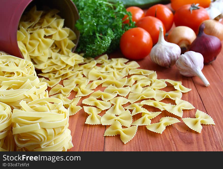 Pasta and fresh vegetables.