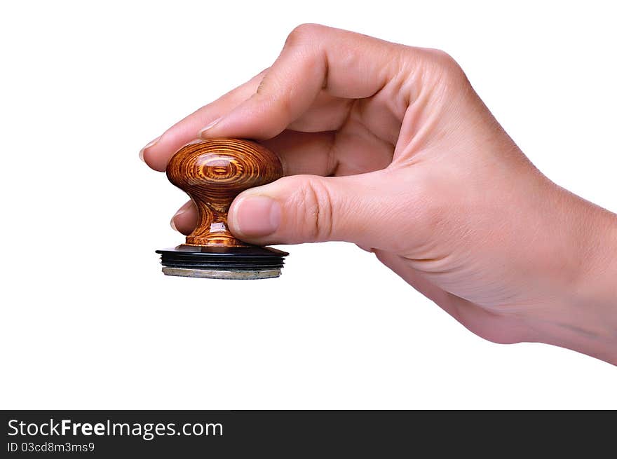 Hand with stamp for documents on white background