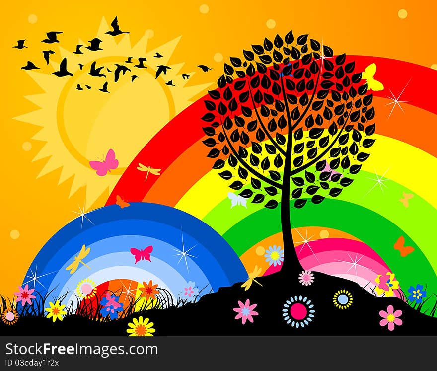 Silhouette of a tree against a rainbow and the bright sky. A illustration. Silhouette of a tree against a rainbow and the bright sky. A illustration