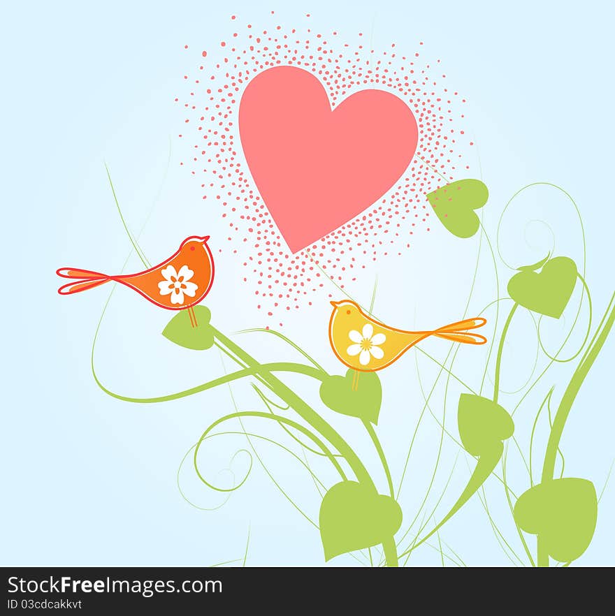 Enamoured birds on a branch. A  illustration. Enamoured birds on a branch. A  illustration