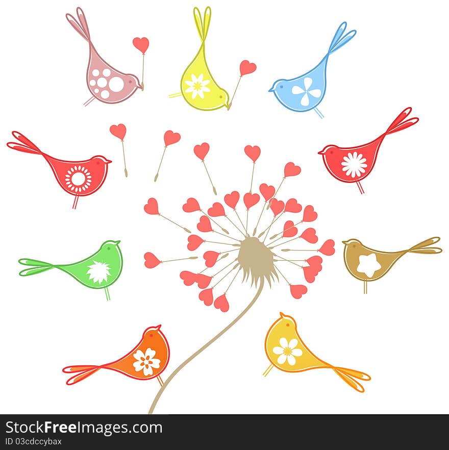 Birds fly round a flower. A  illustration. Birds fly round a flower. A  illustration