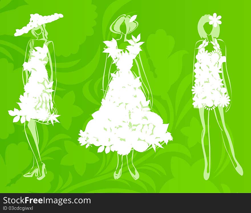 Girls in dresses from leafs and flowers. A  illustration. Girls in dresses from leafs and flowers. A  illustration