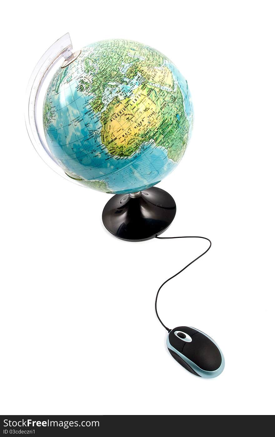 Mouse connected to a Earth globe. Mouse connected to a Earth globe