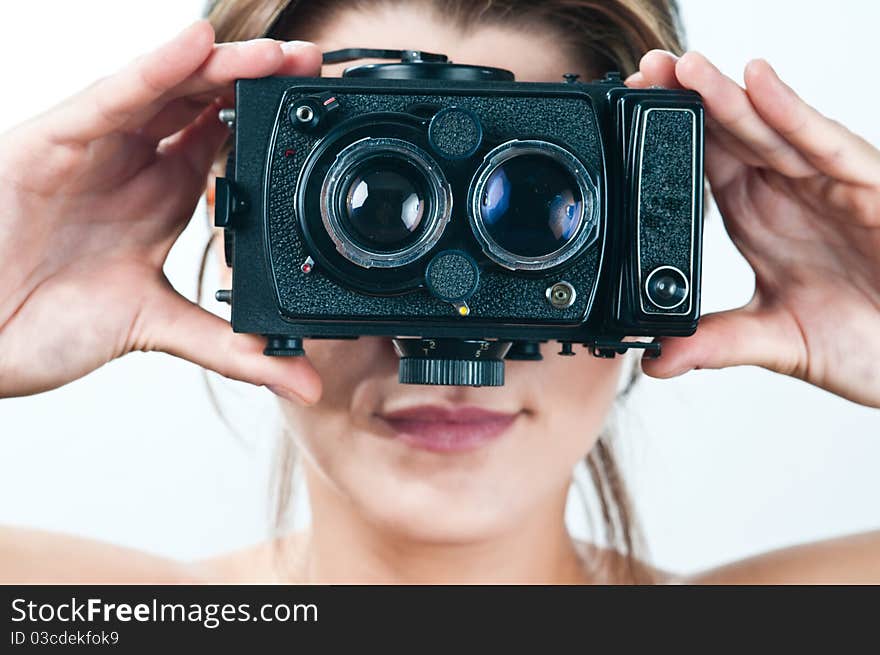 Picture of lovely girl with old camera. Picture of lovely girl with old camera.