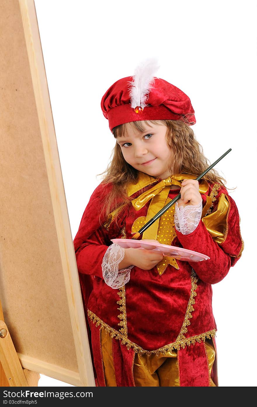 Girl with a brush and paints near an easel. Isolated on white. Girl with a brush and paints near an easel. Isolated on white