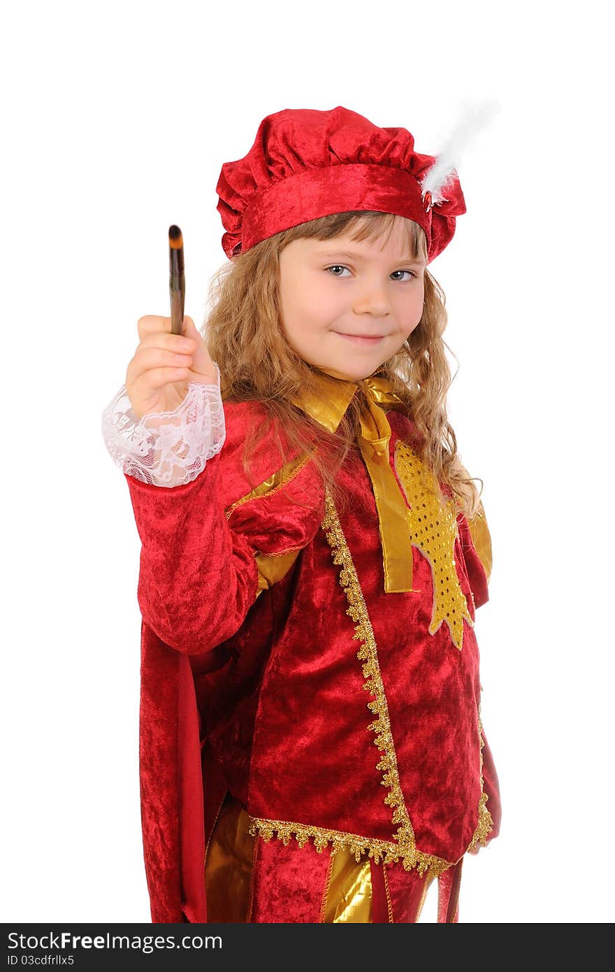 Girl in a red historical suit with a brush on a white background. Girl in a red historical suit with a brush on a white background