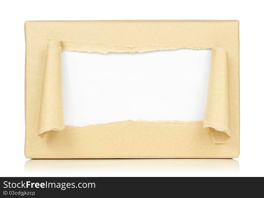 Brown paper package torn isolated on white background. Brown paper package torn isolated on white background