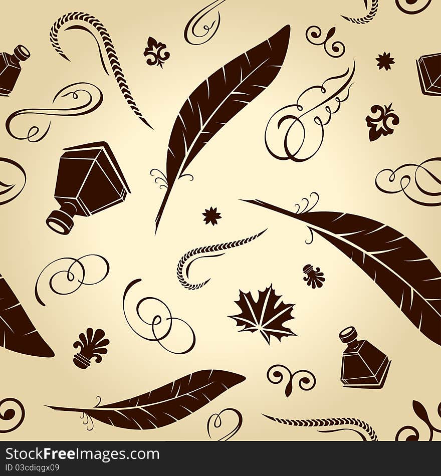 Seamless background hand-written ancient feathers calligraphical. Vector illustration. Seamless background hand-written ancient feathers calligraphical. Vector illustration