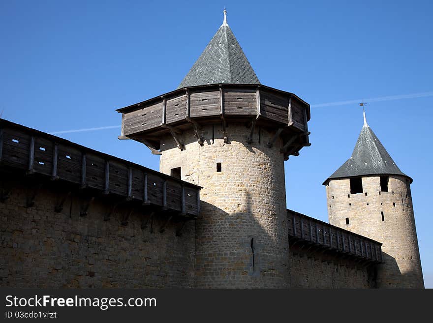 Walls and tower of the medieval castle in Carcassonne.France