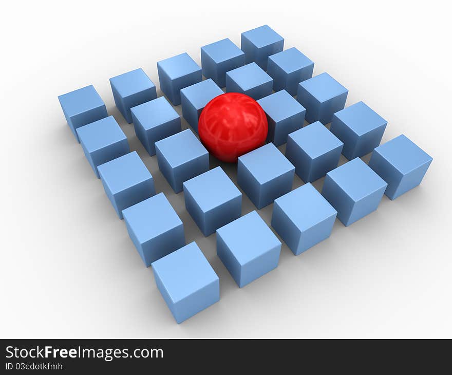 Red sphere in a surrounding of blue cubes. Red sphere in a surrounding of blue cubes