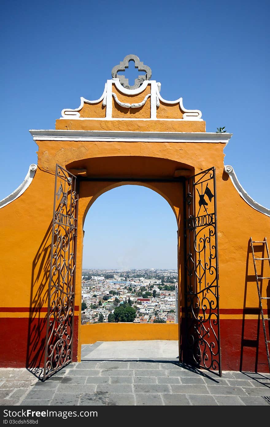 Side gate to the church on top of Cholula pyramid