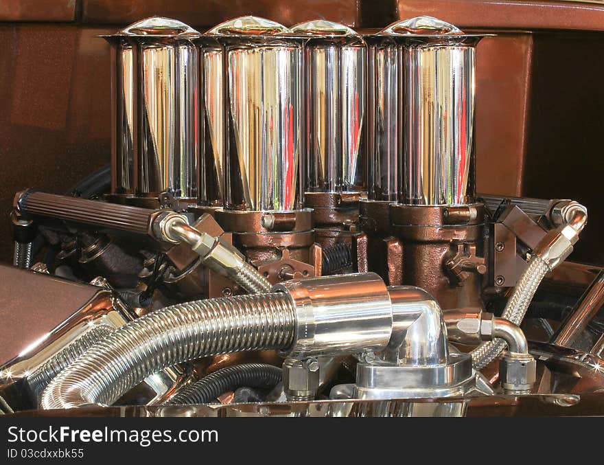 Chrome carb covers on a custom Chev. Chrome carb covers on a custom Chev