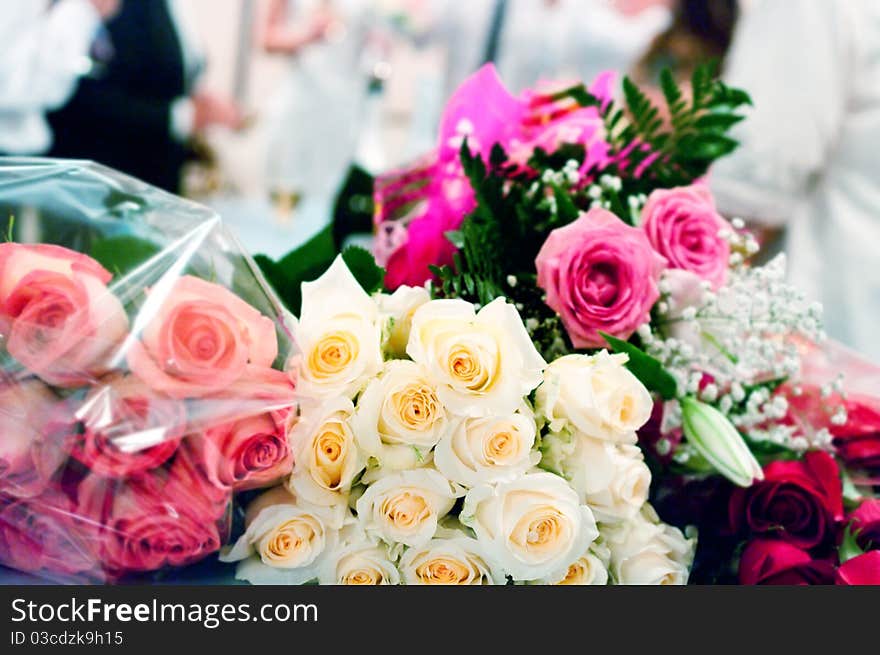 Beige and pink roses with green leaves. Shallow DOF, focus on beige roses