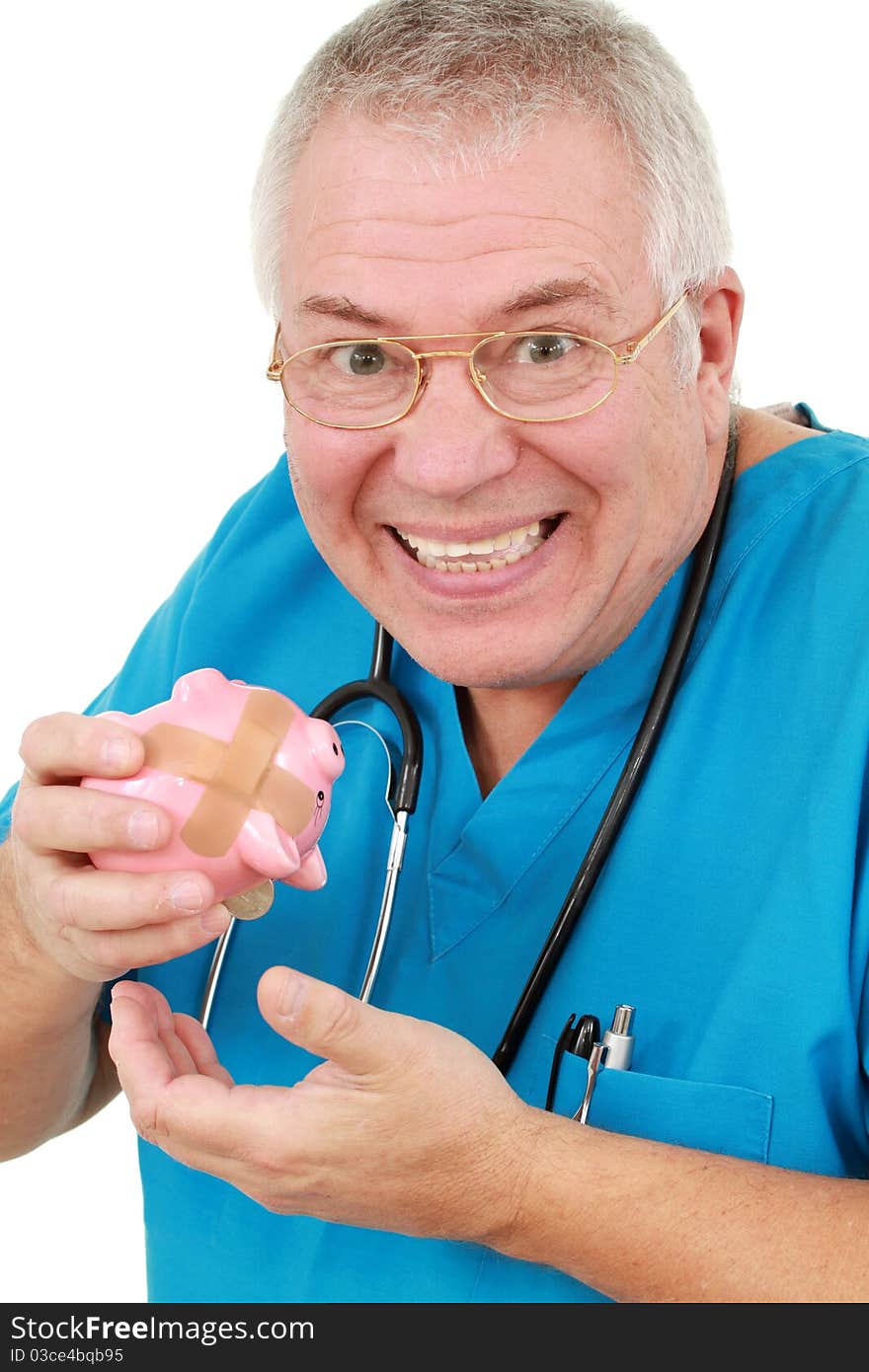 Man in scrubs with a piggy bank