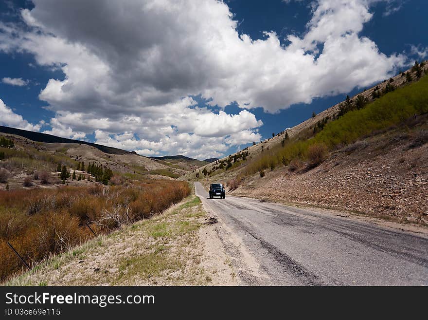 Car on the road in Montana