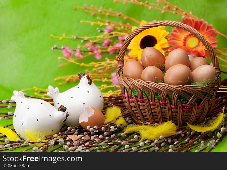 Basket full of Easter eggs and flower. Basket full of Easter eggs and flower