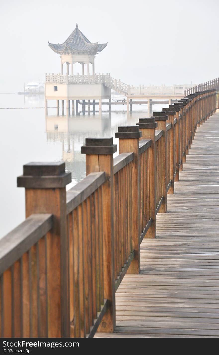 Seashore wood pavement and pavilion