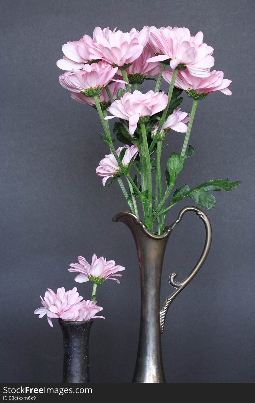 Two ancient vases with nice pink flowers on dark background. Two ancient vases with nice pink flowers on dark background