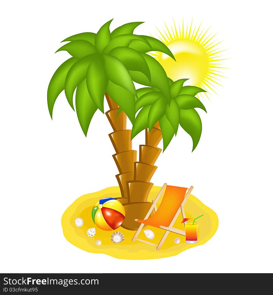 Palm Tree On Beach, Chaise lounge And Cocktail, Vector Illustration. Palm Tree On Beach, Chaise lounge And Cocktail, Vector Illustration