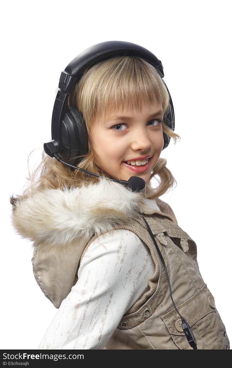 Happy teenage girl in headphones over white, isolated. Happy teenage girl in headphones over white, isolated