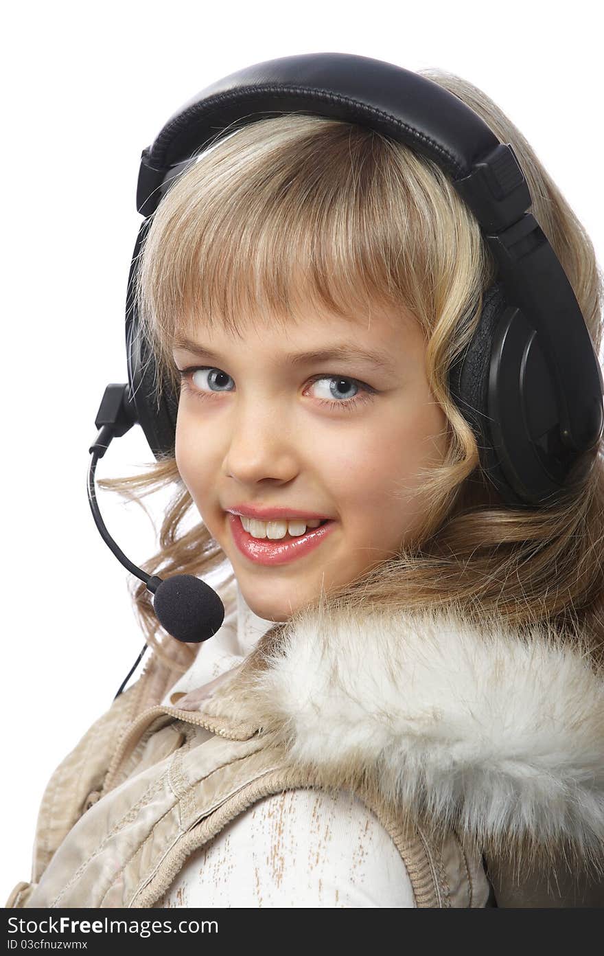 Happy teenage girl in headphones over white, isolated. Happy teenage girl in headphones over white, isolated