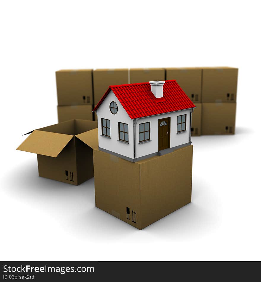 House from a cardboard box on the background of the group boxes