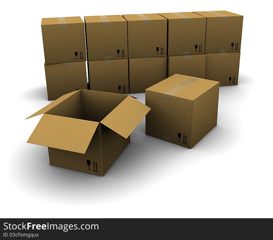 Two cardboard boxes on the background of the group boxes. Two cardboard boxes on the background of the group boxes