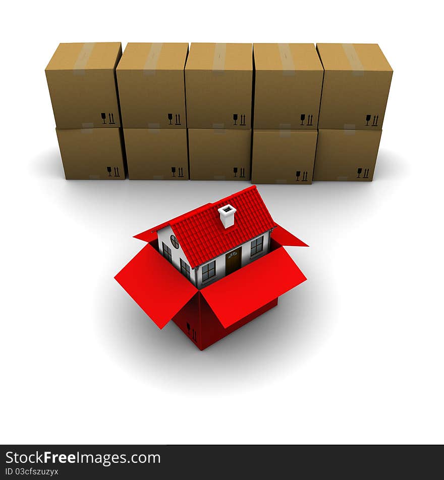 House of red cardboard box on the background of the group boxes