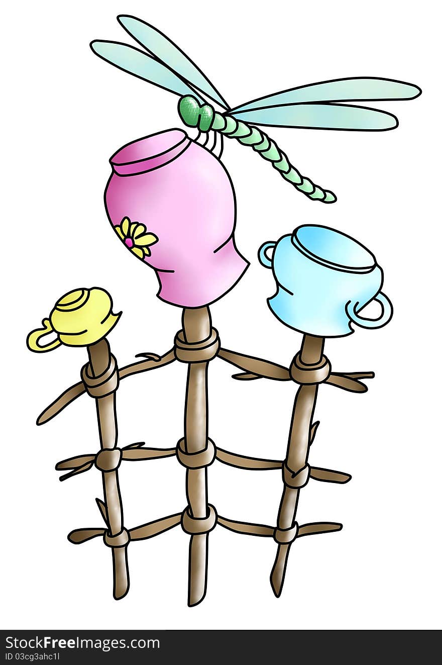 Green dragonfly, pots, branches(color)