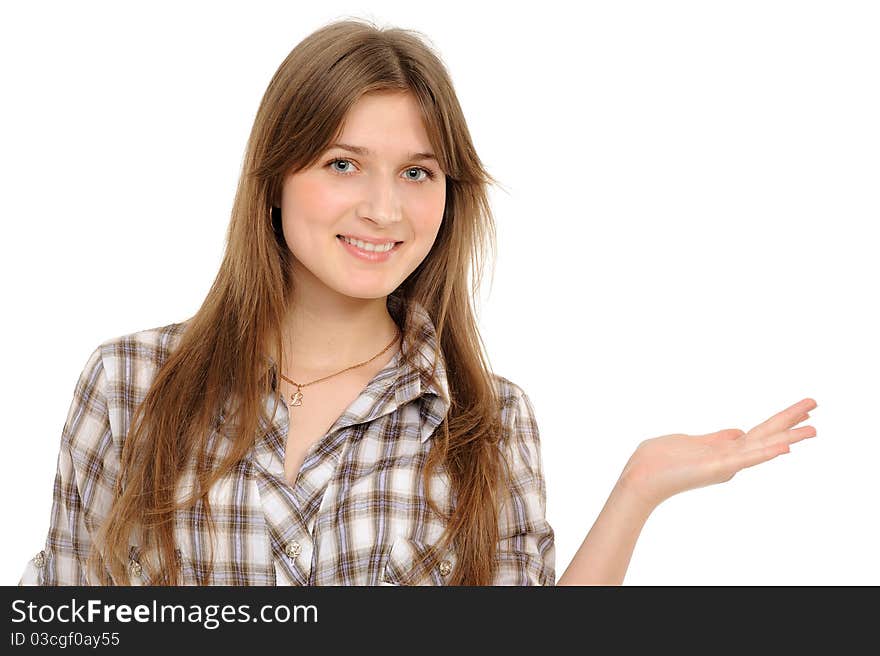 Woman holding hand presenting a product. On a white background