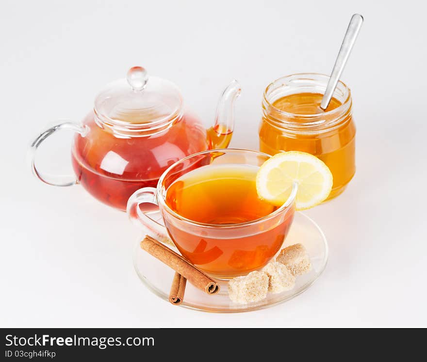 Tea with honey, lemon and cinnamon. Tea with honey, lemon and cinnamon