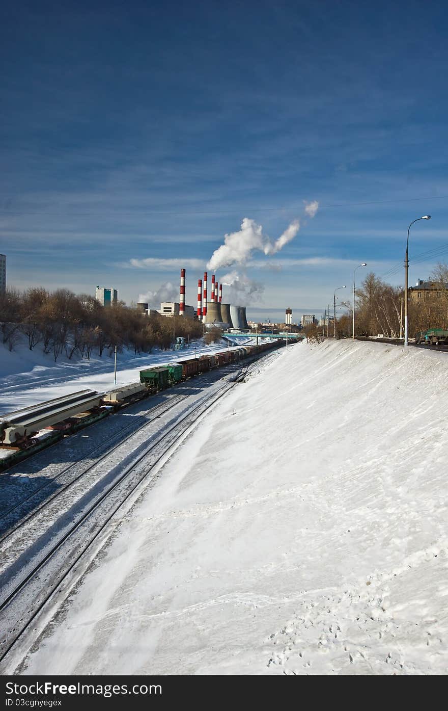 Cargo train in city landscape