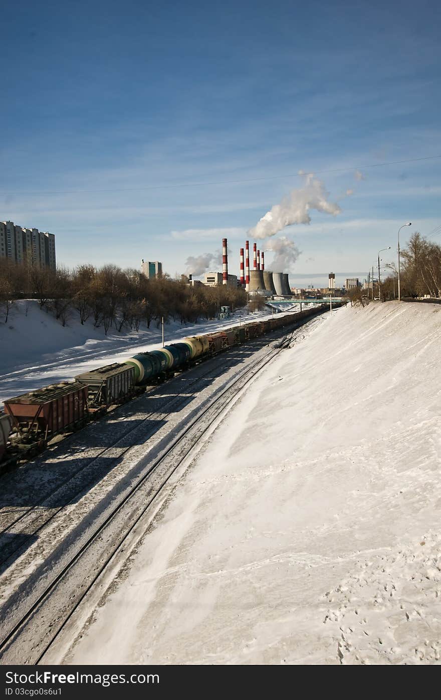 Cargo train in city landscape