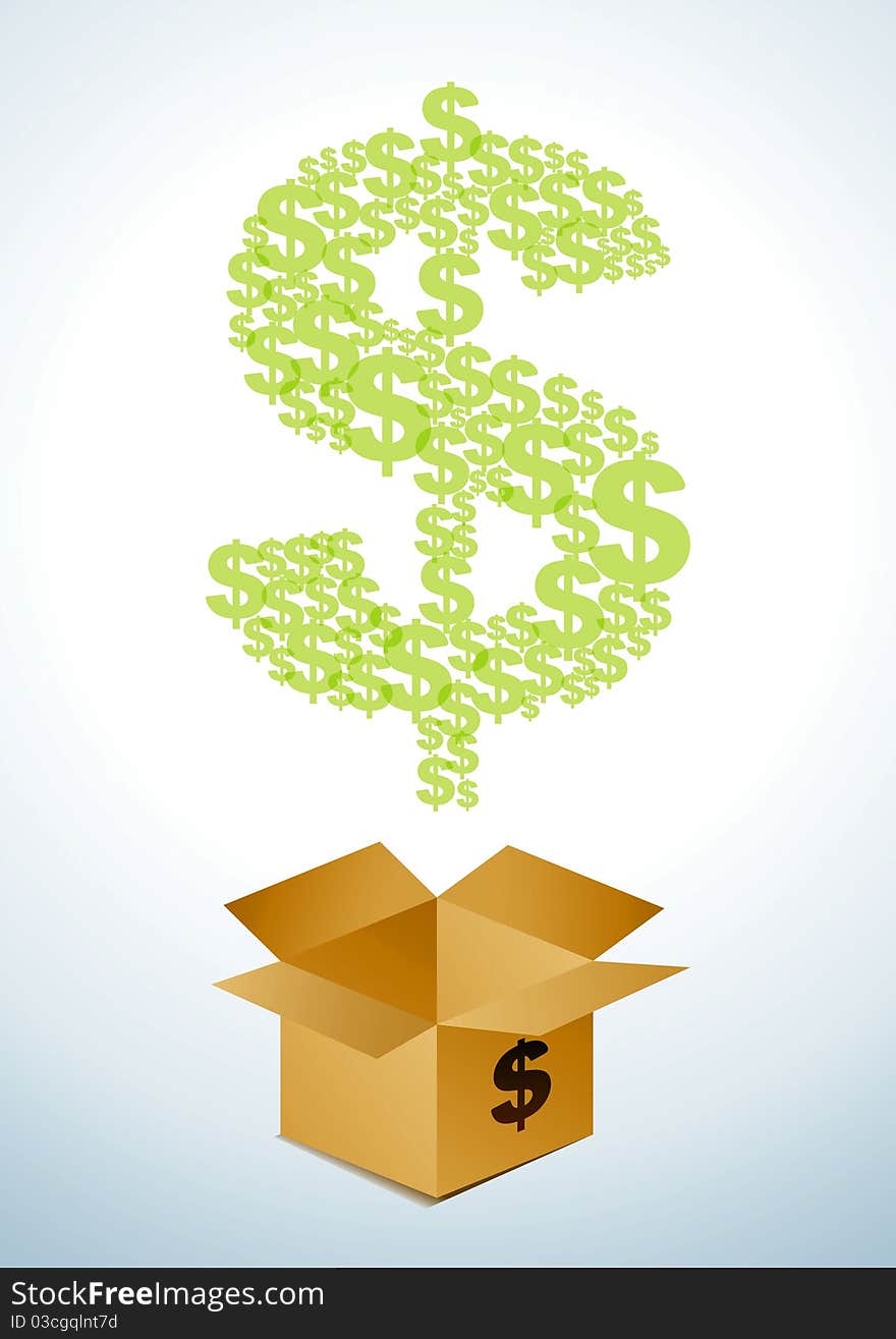 Illustration of a cardboard box with dollars. Illustration of a cardboard box with dollars