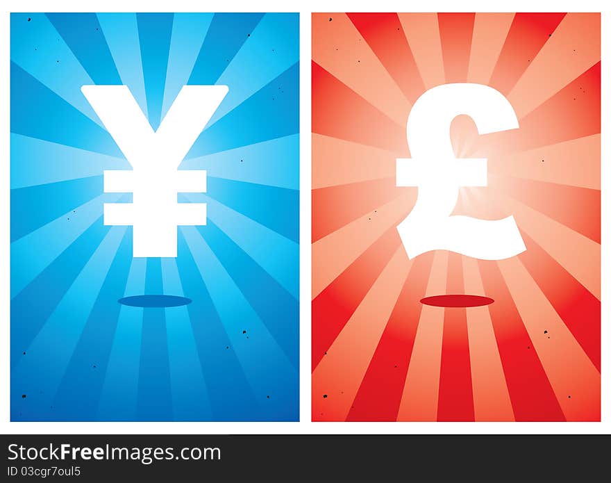 Illustrations of signs the yen and pound against the bright background