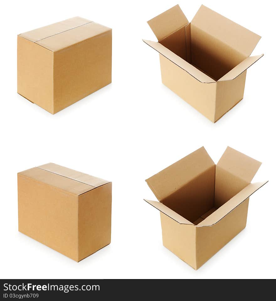 Set of opened and closed cardboard boxes isolated over white background. Set of opened and closed cardboard boxes isolated over white background