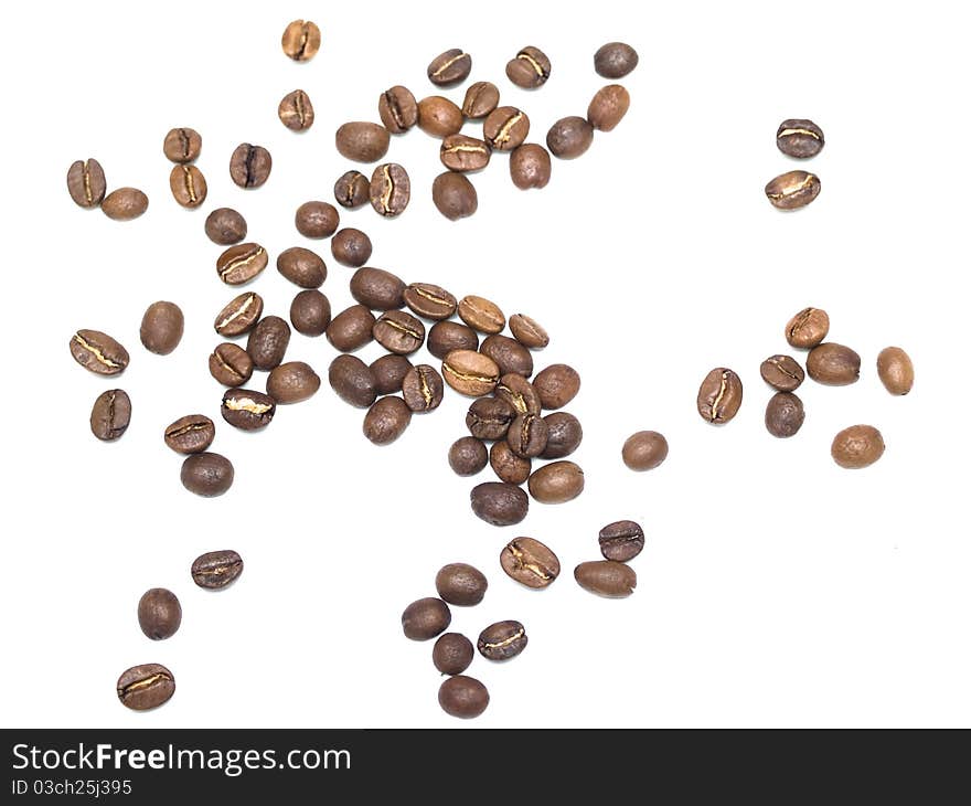 Fragrant fried coffee beans on white